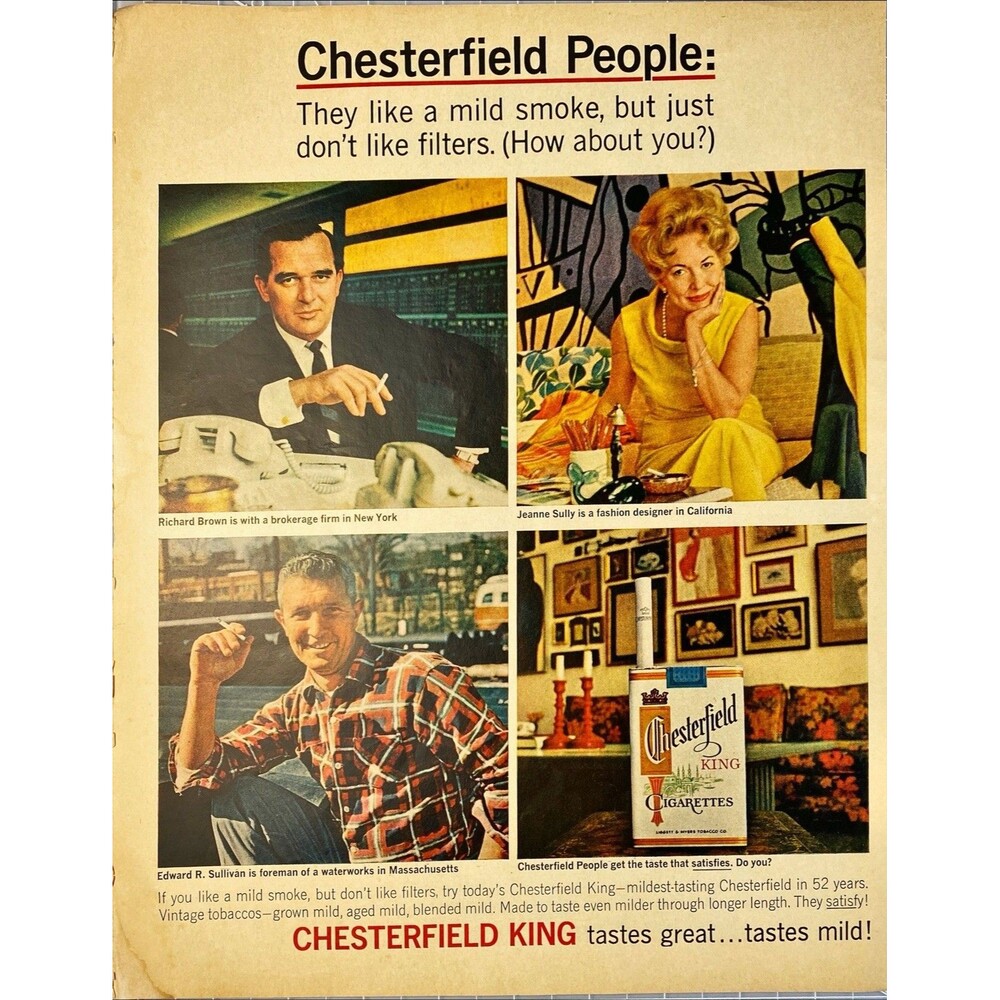 Chesterfield King "Cigarette People Like a mild smoke, but no Filter"Vtg Ad 1965